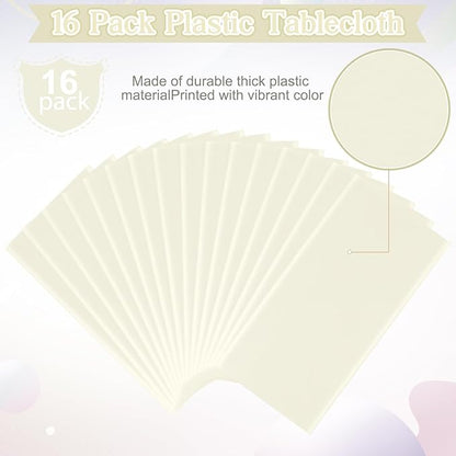 16 Pack Beige Plastic Tablecloth for Rectangle Tables, Premium Decorative Ivory Disposable Table Cloths for Parties, Rectangle Cream Party Table Cover for Birthday Wedding Baby Shower, 54x108 Inch