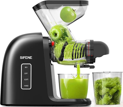 SiFENE Cold Press Juicer Machine, Dual 3" Wide Mouth Slow Masticating Juicer, Anti-Clog Function, Extracts Wheatgrass & Fruit Juice, Easy to Clean, BPA Free for Vegetable and Fruit Juicing, Black