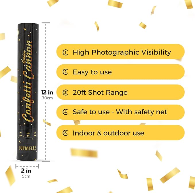 [6 Pack] 12 Inch Confetti Cannon Party Poppers Gold，LUMAFIZZ Confetti Shooters Blaster for Birthday Graduation Wedding Christmas New Year’s Eve and Any Celebrations