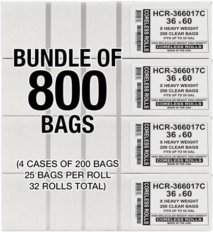 Aluf Plastics High Density Trash Bags, 55 Gallon, 800 Count, 17 Micron (eq), 36" x 60", Clear, for Bathroom, Office, Industrial, Commercial, Janitorial, Municipal, Recycling