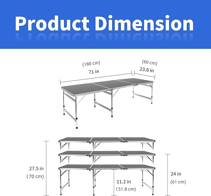 Moosinily Camping Table 6FT Folding Table Large 3 Adjustable Height Portable Picnic Table Camp Aluminum Outdoor Picnic BBQ Black