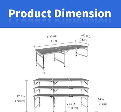 Moosinily Camping Table 6FT Folding Table Large 3 Adjustable Height Portable Picnic Table Camp Aluminum Outdoor Picnic BBQ Black
