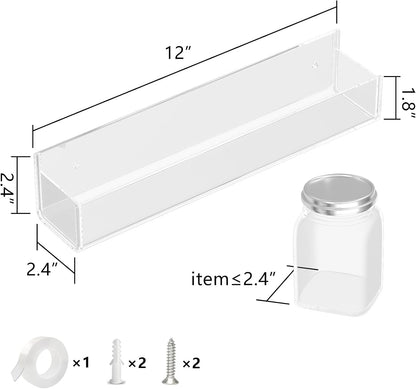 WUIVIUT Invisible Acrylic Wall Spice Rack Adhesive wall mounted rack organizer 11.8 inch spice shelf holder Drilling or self-adhesive organizer rack （Clear-4 Pack）