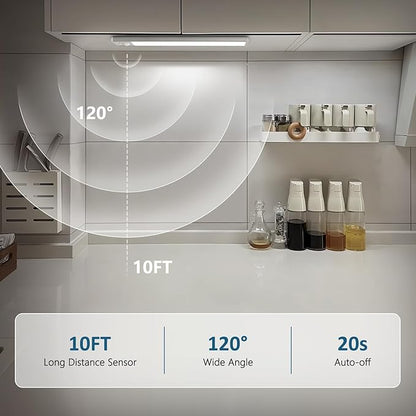 Ascher 10.2inch Under Cabinet Lights, 2000mAh Rechargeable Motion Sensor Light indoor, 3 Color Temperatures & Stepless Dimmable Closet Lights, Magnetic Under Counter Light for Kitchen, Silver - 2 Pack