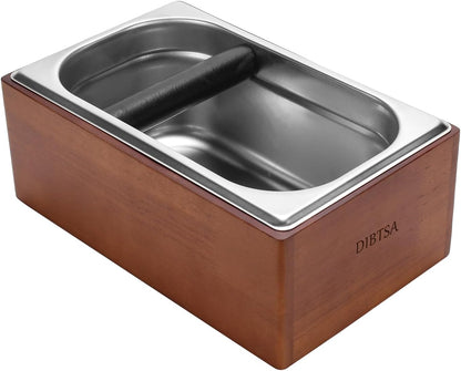 Knock Box Espresso, Coffee knockbox with Rubber Knock Bar and Anti-slip Pad, Commercial Use Large Capacity, Stainless Steel and Wooden