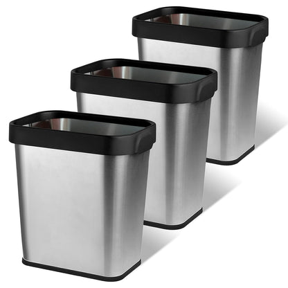 3 Pack Stainless Steel Trash Can 3 Gallon, Open Top Trash Can, 8" x 11" x 13", Rectangle Rubbish Bin, Slim and Narrow, No Lid Small Wastebasketfor Kitchen, Bathroom, Living Room, Office