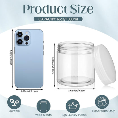 Patelai 4 Pieces Round Wide-mouth Leak Proof Plastic Container Jars with Lids for Travel Storage Makeup Beauty Products Face Creams Oils Salves Ointments DIY Making(16 Ounce,Clear)