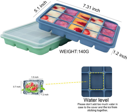 Ice Cube Trays with Silicone Lid, 15 Grid Square Ice Tray Easy Release Stackable Ice Cube Mold, 2 Pack (Grey Blue+Green)