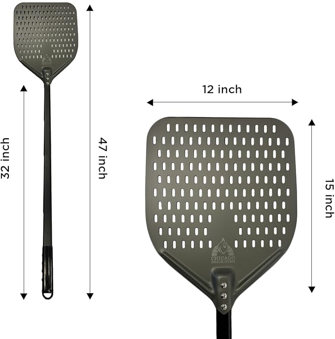 Chicago Brick Oven Perforated Pizza Peel - 12"x15" Anodized Aluminum Pizza Steel, 32" Handle, 47" Overall Length - Ideal Pizza Turning Peel for Pizza Oven, Brick Oven, Baking Bread