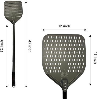 Chicago Brick Oven Perforated Pizza Peel - 12"x15" Anodized Aluminum Pizza Steel, 32" Handle, 47" Overall Length - Ideal Pizza Turning Peel for Pizza Oven, Brick Oven, Baking Bread