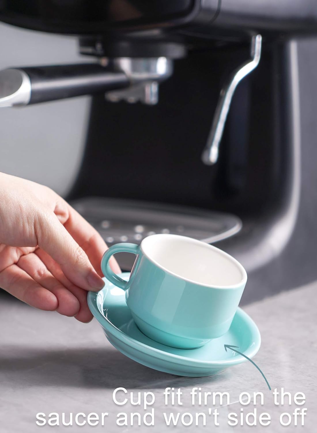 Sweese 2.5 Ounce Porcelain Stackable Espresso Cups with Saucers and Metal Stand Set of 4, Turquoise