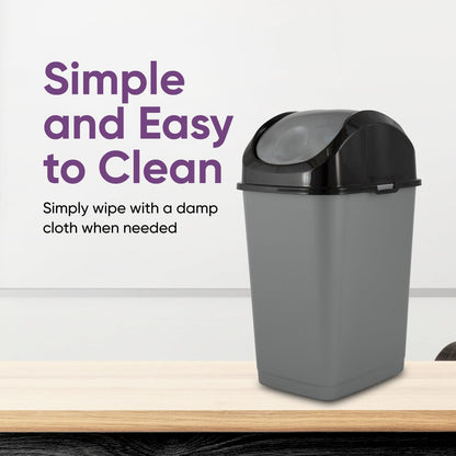 Superio Small 2.5 Gallon Plastic Trash Can with Swing Top Lid, Compact Slim Waste Bin for Under Desk, Office, Bedroom, Bathroom, Dorm Room, 10 Qt. Portable Garbage Can (Grey/Black, 2 Pack)
