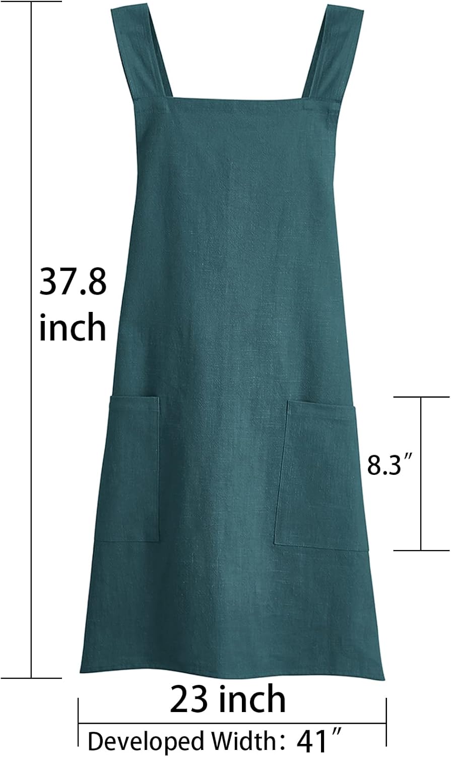Soft Cotton Linen Apron for Women - Non-tie Cross Back Apron with Pockets, Great for Florist and Kitchen