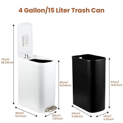 BETHEBEST Bathroom Trash Can with Lid,Stainless Steel Garbage Can with Removable Inner Bucket,Soft Close,Step Pedal,15 Liter/4 Gallon Trash Can for Bathroom,Bedroom,Kicthen,Office(White)