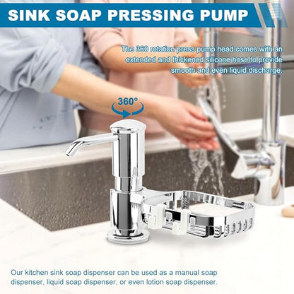 Soap Dispenser for Kitchen Sink, Built in Soap Dispenser Pump with Sponge Holder,Under Counter Brushed Nickel ABS Pump Head with 40" Extension Tube Kit(Silver)