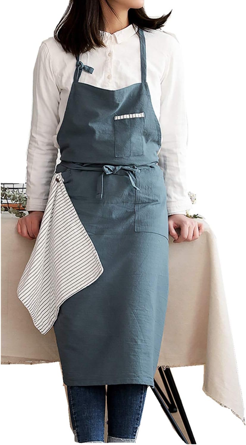 Adjustable Japan Nordic Style Soft Cotton Linen Apron with Four Pockets A Towel