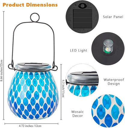 Starsoul 2 Pack Solar Lanterns Outdoor Waterproof, Elegant Blue Glass Mosaic Solar Lantern, Solar Hanging Lights Outside Patio Porch Yard Decor