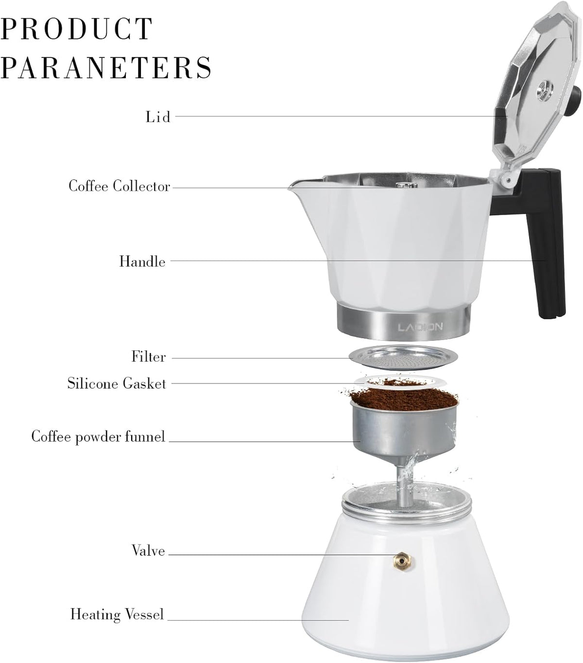 Moka Pot, 6-Cup Espresso Maker, 300ml Portable Stovetop Espresso Maker, Percolator Coffee Pot Compatible with Induction Cooktops, Suitable for Home and Camping (White)