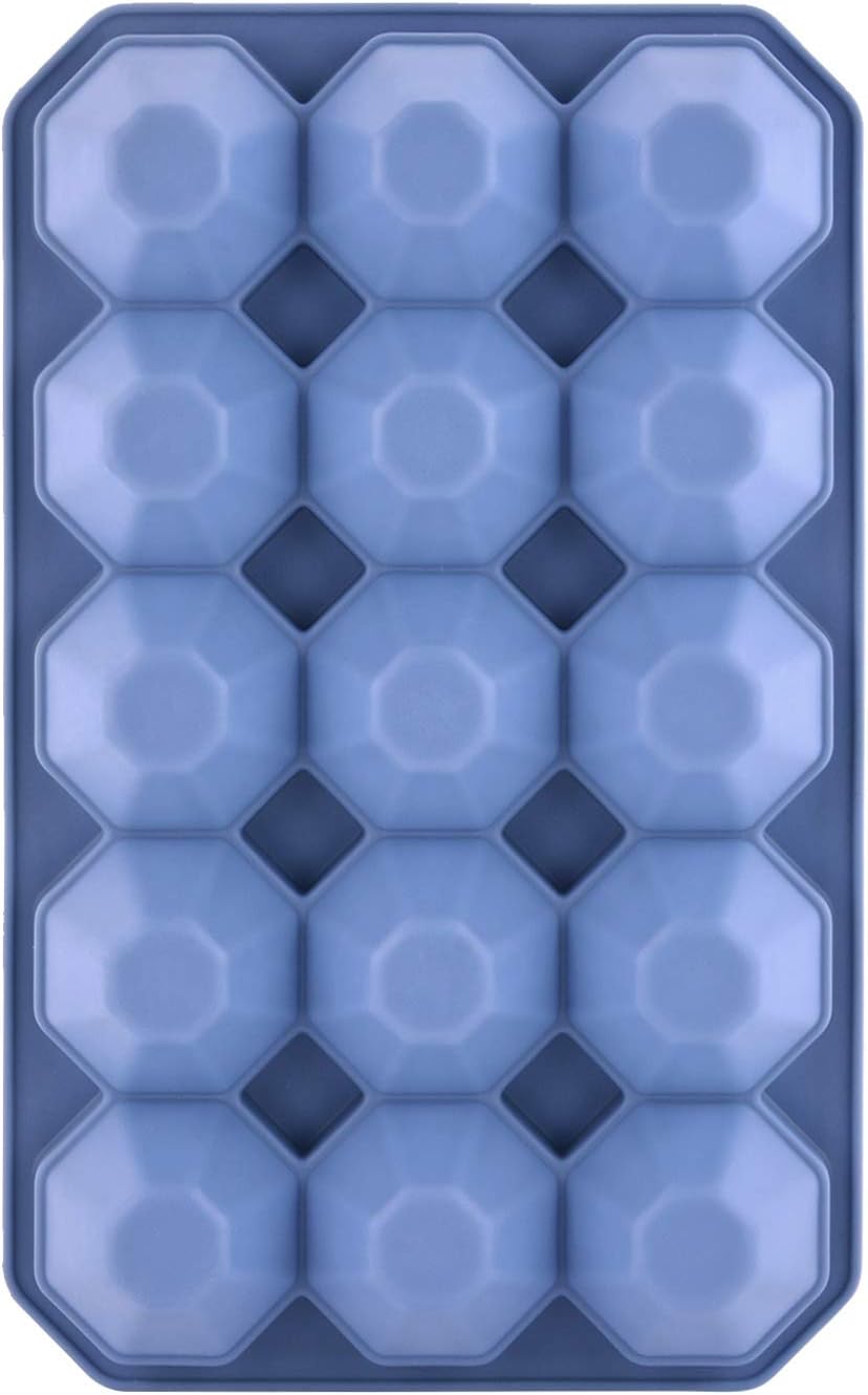 Ice Cube Trays with Silicone Lid, 15 Grid Diamond Shaped Ice Tray Easy Release Stackable Ice Cube Mold, 2 Pack (Grey Blue+Green)