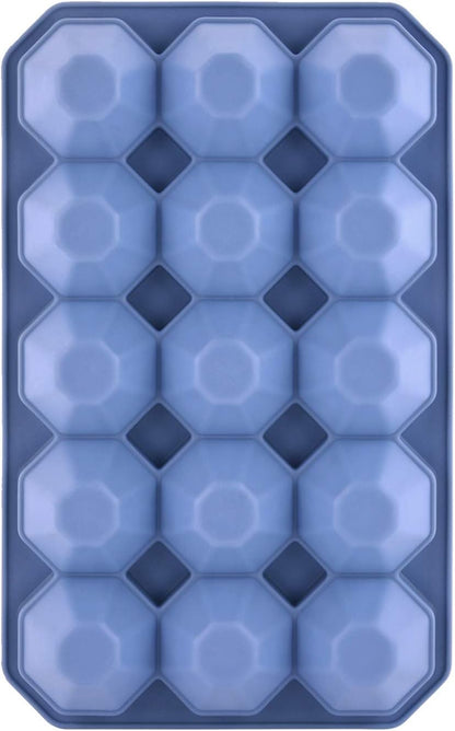 Ice Cube Trays with Silicone Lid, 15 Grid Diamond Shaped Ice Tray Easy Release Stackable Ice Cube Mold, 2 Pack (Grey Blue+Green)
