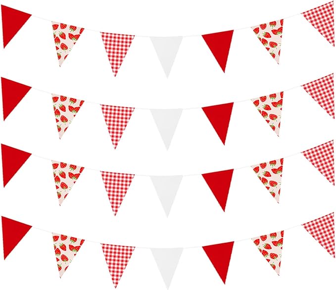 Zwiebeco 39Ft Red White Strawberry Fabric Bunting Banner Triangle Flags Party Decorations Hanging Cotton Garland Pennant for Engagement Wedding Baby Shower Birthday Home Outdoor Garden Party Decor