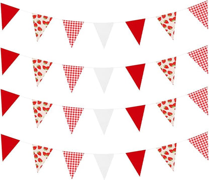 Zwiebeco 39Ft Red White Strawberry Fabric Bunting Banner Triangle Flags Party Decorations Hanging Cotton Garland Pennant for Engagement Wedding Baby Shower Birthday Home Outdoor Garden Party Decor