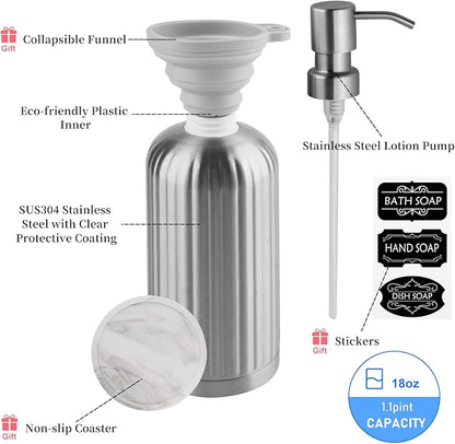 AUMIO Soap Dispenser 18 Oz with Non-Slip Coaster, Stripe Design Dish Soap Dispenser Brushed Nickel, Refillable Liquid Hand Soap Dispenser for Bathroom, Kitchen Soap Dispenser Premium Stainless Steel