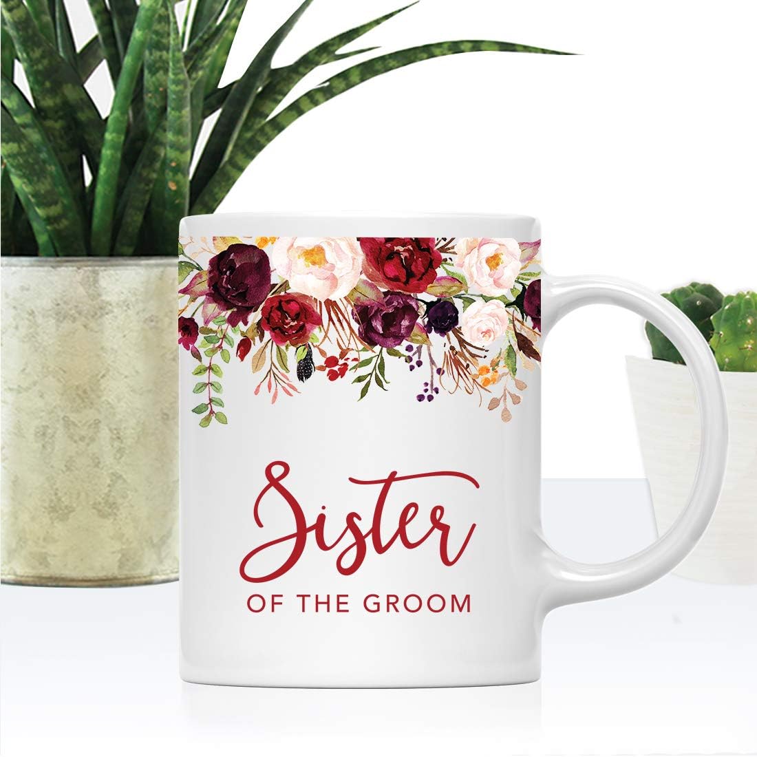 Andaz Press 11oz. Wedding Ceramic Coffee Tea Mug Gift, Fall Autumn Marsala Burgundy Flowers Roses Florals, Sister of the Groom, 1-Pack, Includes Gift Box