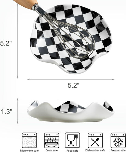 Spoon Rest for Stove Top - 5.3in Checkered Spoon Holder Utensil Rest, Ceramic Spoon Rests for Kitchen, Cooking - Black and White Kitchen Decor, Housewarming Gifts