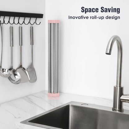 Tomorotec 21" x 15.5" Roll Up Dish Drying Rack Over Sink Drying Rack Sink Cover Kitchen Sink Accessories Gadget Multipurpose Organizer Foldable Stainless Steel Drainer