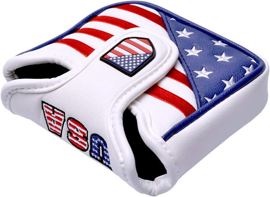 PLUSKER USA Square Heel Shaft Mallet Putter Cover - Magnetic Closure Patriotic Stars and Stripes American Flag Synthetic Leather Headcover