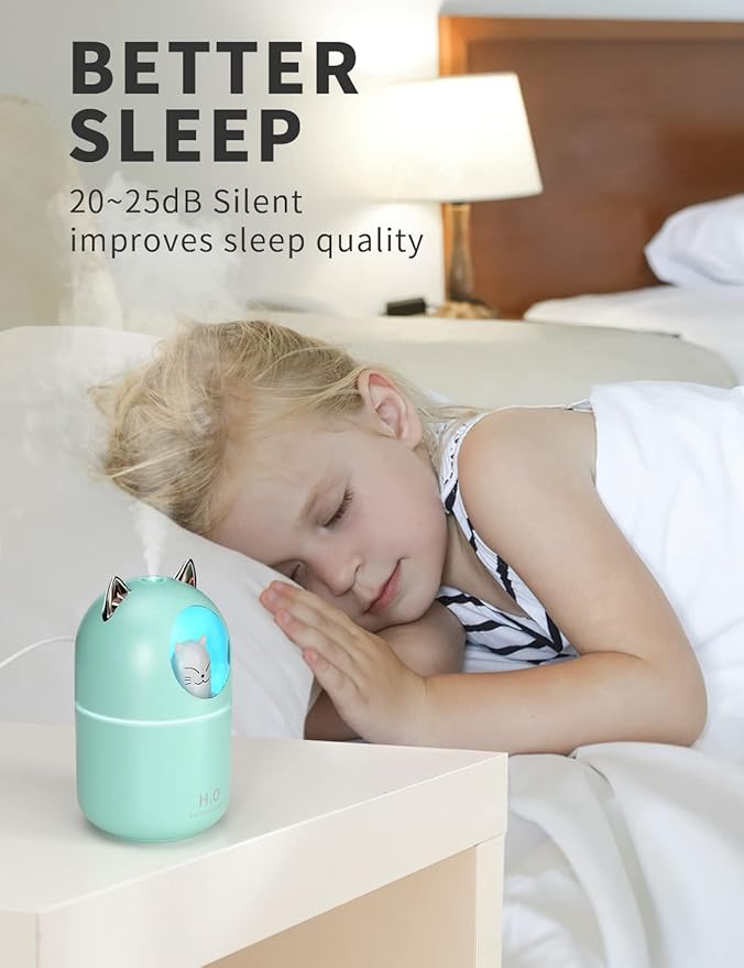 Cool Mist Humidifier,300ml Mini Humidifiers with Night Light,Waterless Auto-Off Air Humidifier,20dB Quiet Humidifiers for Bedroom,Car, Plant for Girl Boy