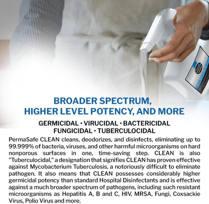 PermaSafe CLEAN, All-Purpose Hospital Disinfectant Cleaner; No Rinse, Hard, Soft & Food Contact Surface Sanitizer; Mold, Mildew and Fungi Killer; Odor Eliminator; Allergen Remover & More (128 Fl Oz)