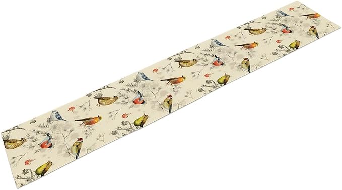 Vintage Bird Table Runner,Watercolor Winter Perching Birds Table Decoration for Kitchen Dining Table Holiday Indoor Outdoor Home Party Decor 13x108in