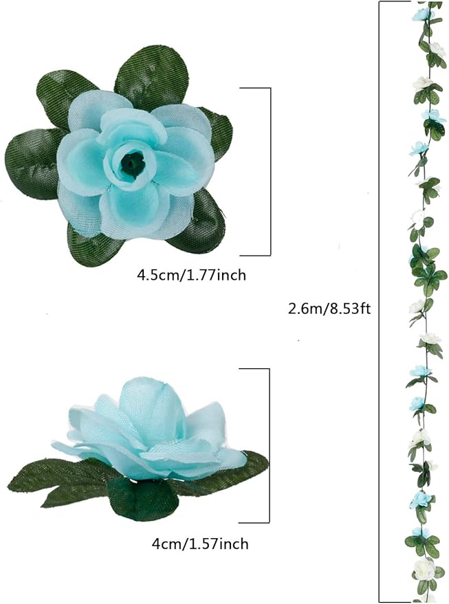 Miracliy 5Pcs 41FT Blue and White Flower Garland Artificial Rose Arch Vines Fake Spring Floral Garland for Flower Wall Backdrop Wedding Mothers Day Garden Tea Party Decoration