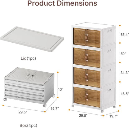 UAMFURI Stackable Storage Bins with Lids, 720QT Closet Organizers, Lockable Storage Cabinet，Foldable Storage Box with Doors and Wheels, Plastic Drawers for Home, Garage, Office (4, White, Extra Large)