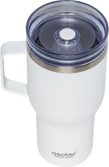 asobu 360 Travel Mug – 28oz Vacuum Insulated Stainless Steel Mug with 360° Spill-Proof Lid and Handle – Keeps Drinks Hot 12H / Cold 24H