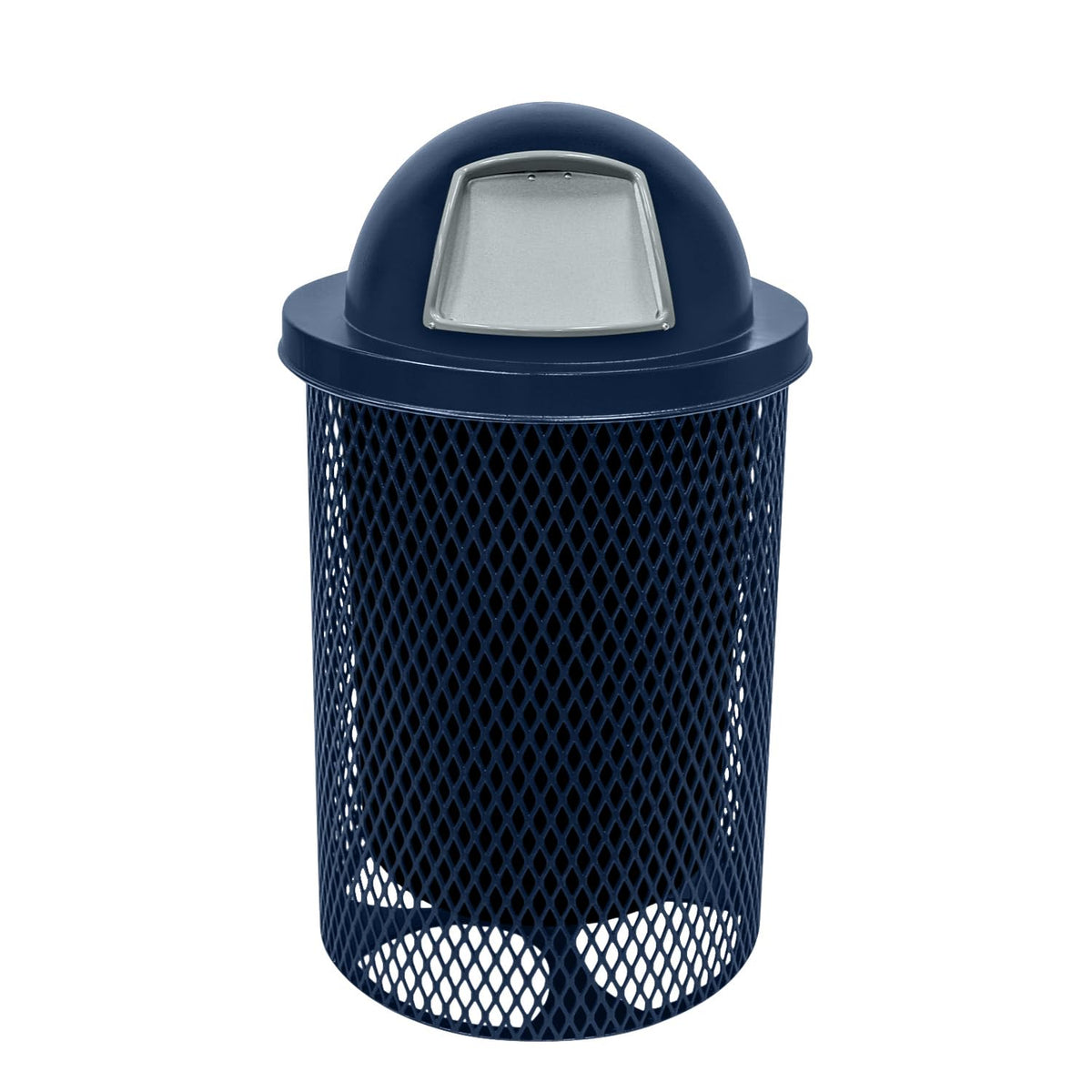 COATEDOUTDOORFURNITURE RDT-TXTDBL Heavy Duty 32 Gallon Round Trash Receptacle, Liner Included, Textured Dark Blue with Black Dome, Made in America