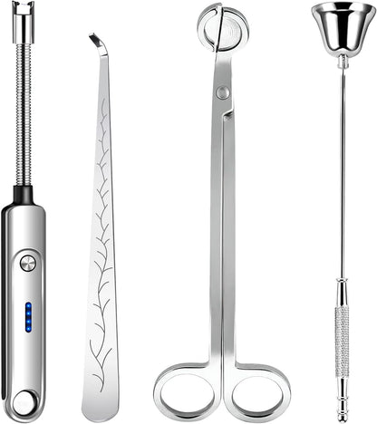 Lsnisni 4 in 1 Candle Accessory Set, Electric Lighter, Wick Cutter, Snuffer and Dipper, Steel Wick Trimmer Set - Silver