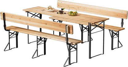 VINGLI 70 Inch Folding Picnic Tables and Chair Set with Backrest Bench, Weather-Resistant Wooden Beer Garden Table Bench, 3-Piece Portable Fold Up Camping BBQ Table,Natural Wood Color