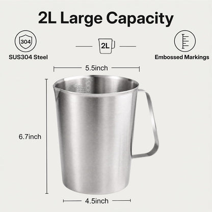 KSENDALO 64Oz/8Cup Stainless Steel Pitcher (SUS304), 2 Liter Metal Container for Water, Milk, Liquid with Handle with Engraved Markings, Silver