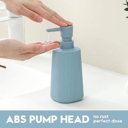 Small Soap Dispenser for Bathroom and Kitchen, Modern Farmhouse Striped Style Plastic Hand Soap Dish Soap Dispenser with Pump Light Blue