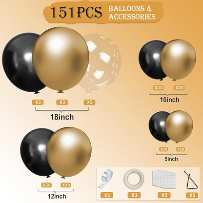 Black Gold Balloons Garland Arch Kit, 151pcs Metallic Gold and Black Balloons Different Size 18 12 10 5 inch for Graduation, Birthday, Anniversary, New Year Party Decorations Supplies