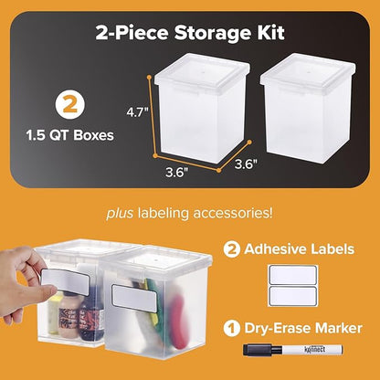 Bostitch Konnect Clear Storage Containers with Lids, Stackable Plastic Organizer Bins, 1.5 Quart, 2 Pack