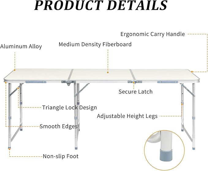LeTinn 6FT Large Folding Camping Table, 3 Adjustable Heights Portable Aluminum Picnic Table – Heavy Duty Outdoor BBQ Table for 6-8 Person, White