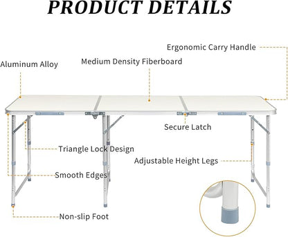 LeTinn 6FT Large Folding Camping Table, 3 Adjustable Heights Portable Aluminum Picnic Table – Heavy Duty Outdoor BBQ Table for 6-8 Person, White