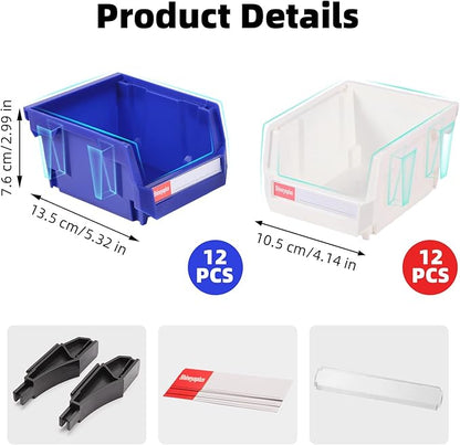Plastic Storage Bins 24 Packs, Space-Saving Stackable Parts Bins for Garage,Tools, Small Parts Organization Bin-5x4x3 Inch (Blue & White)