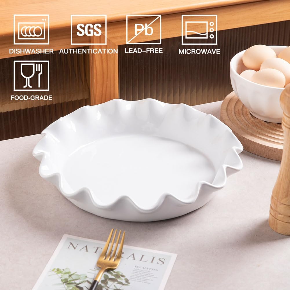 Sweejar Ceramic 11.5 Inches Pie Pan for Baking, Deep and Fluted Porcelain Round Pie Dish, Non-Stick Pie Plate for Pumpkin Pie, Apple Pie, Pie Pots with Morden Farmhouse Design(White)