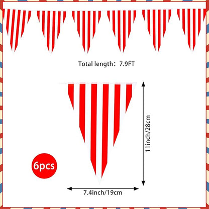 6 Pack Carnival Circus Party Decorations Red White Striped Pennant Banner 9.12ft String Circus Carnival Triange Pennant Bunting Flags for Birthday Carnival Party Supplies for Kids Adults