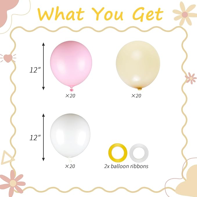 60pcs Easter Party Balloons, 12inch Macaron Pink Yellow White Latex Balloons for Easter Party Decorations, Bridal Shower, Baby Shower, Wedding Decor (With Ribbons)